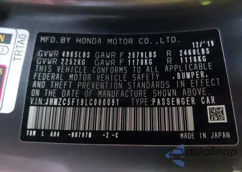 2020 Honda Clarity Plug-In Hybrid from USA, damaged, VIN JHMZC5F19LC000091